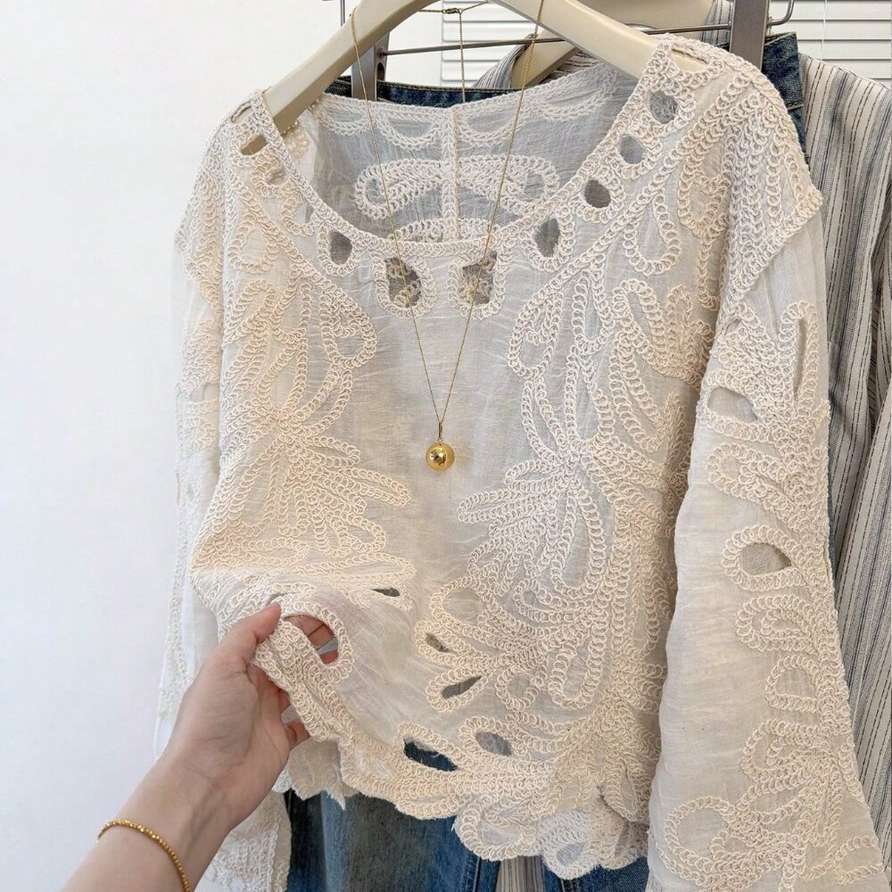 Apricot Boho Casual Women's Long Sleeve Lace Blouse - Picture 2 of 8